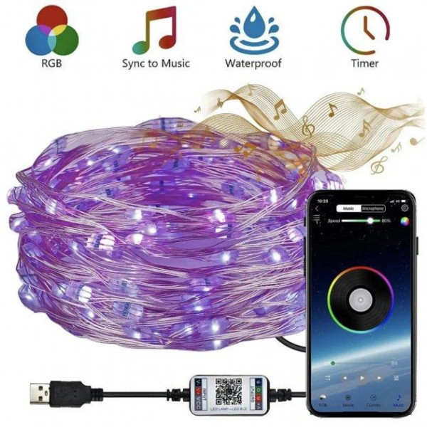 Світлодіодна смарт Гірлянда 10 м 100 LED RGB Bluetooth керування з телефона застосунком, USB