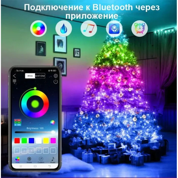 Світлодіодна смарт Гірлянда 10 м 100 LED RGB Bluetooth керування з телефона застосунком, USB