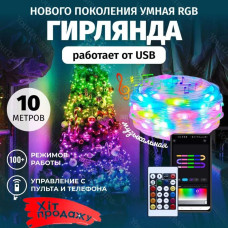Світлодіодна смарт Гірлянда 10 м 100 LED RGB Bluetooth керування з телефона застосунком, USB