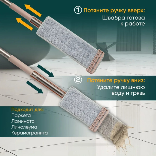 Швабра стрічка з відтискачем для підлоги універсальна телескопічна та двома змінними насадками в комплекті