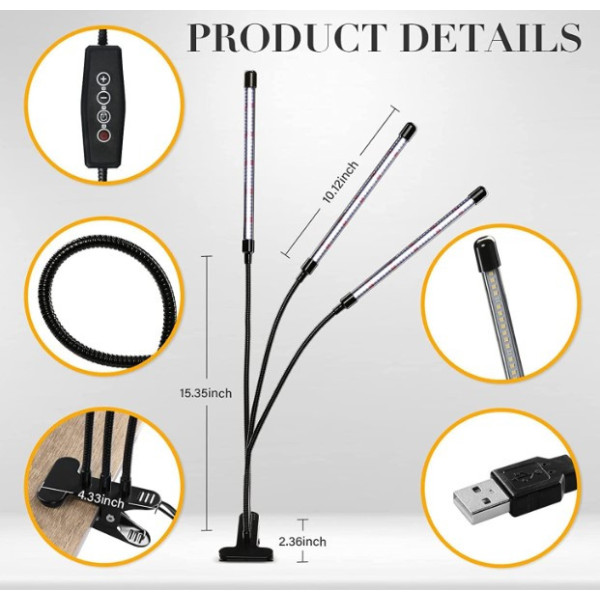 Настільна фітолампа повного спектра на прищіпці, 5 USB LED-фітолампа для рослин і кольорів, фітосвітильник