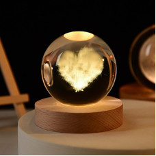 Світлодіодна 3D кришталева Серце куля 8 см нічник USB, декоративний світильник із проєкцією подарунок 14 лютого