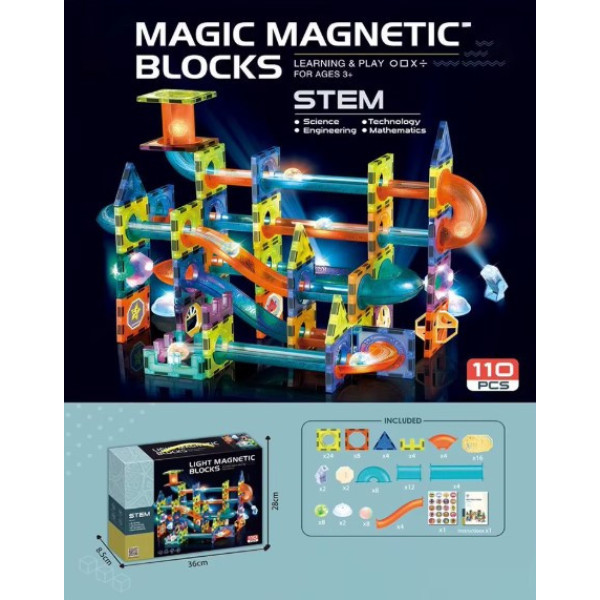 Магнітний конструктор DIY 110 деталей Magnetic Blocks світний "Горки" динамічний конструктор лабіринт