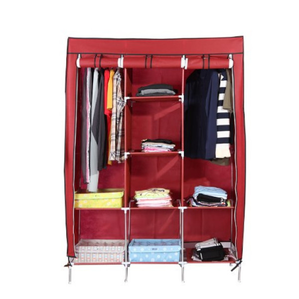 Складана тканинна шафа Storage Wardrobe бордова — 3 секції та 8 полиць, мобільний органайзер для одягу