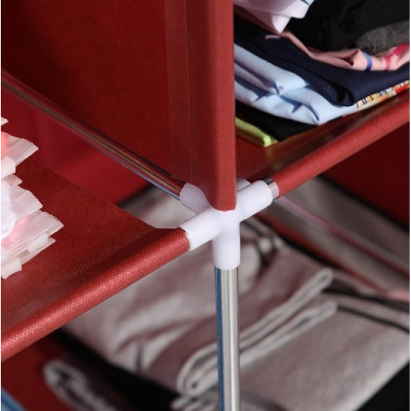 Складана тканинна шафа Storage Wardrobe бордова — 3 секції та 8 полиць, мобільний органайзер для одягу