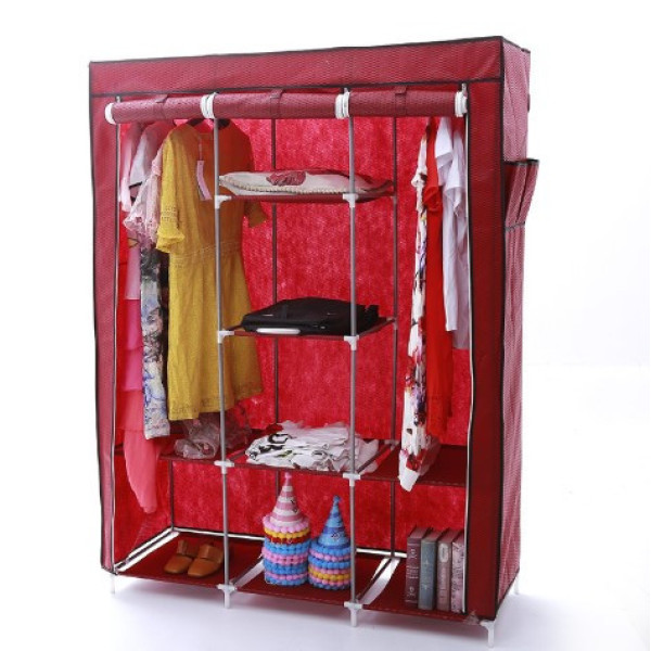 Складана тканинна шафа Storage Wardrobe бордова — 3 секції та 8 полиць, мобільний органайзер для одягу
