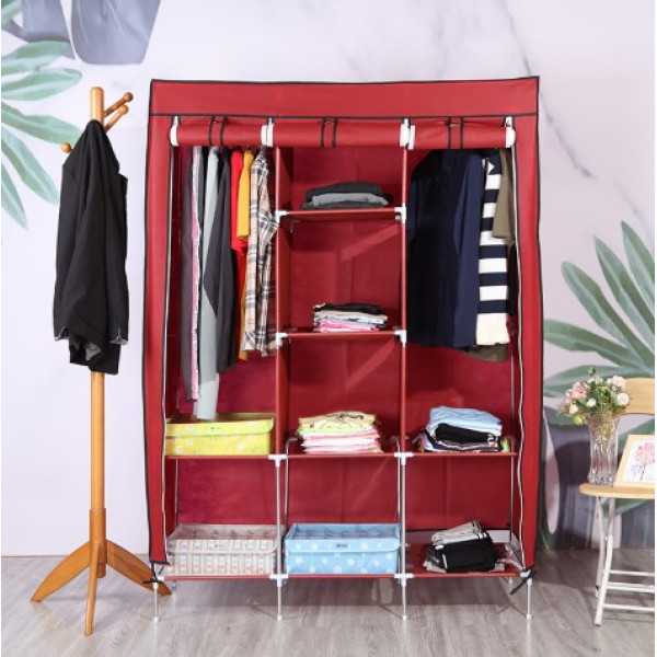 Складана тканинна шафа Storage Wardrobe бордова — 3 секції та 8 полиць, мобільний органайзер для одягу