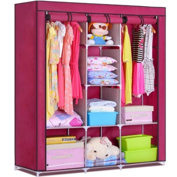 Складана тканинна шафа Storage Wardrobe бордова — 3 секції та 8 полиць, мобільний органайзер для одягу