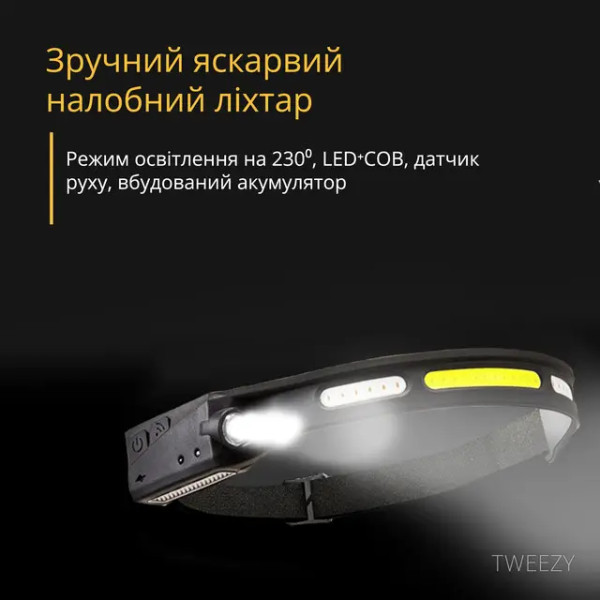 Легкий налобний ліхтар із датчиком руху, легкий ліхтарик на голову usb акумуляторний із зарядкою Type-c