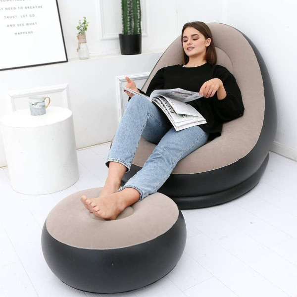Надувне крісло з пуфиком Air Sofa для дому та природи з насосом велюрове, Надувні крісла та пуфи