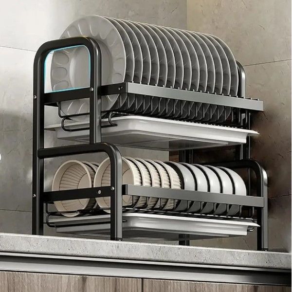 Дворівнева настільна сушарка для зберігання посуду Kitchen rack металеве кухонне сушіння органайзер
