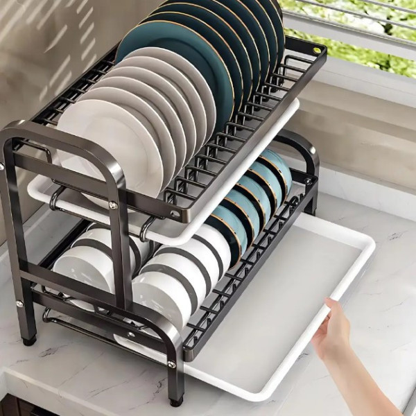 Дворівнева настільна сушарка для зберігання посуду Kitchen rack металеве кухонне сушіння органайзер