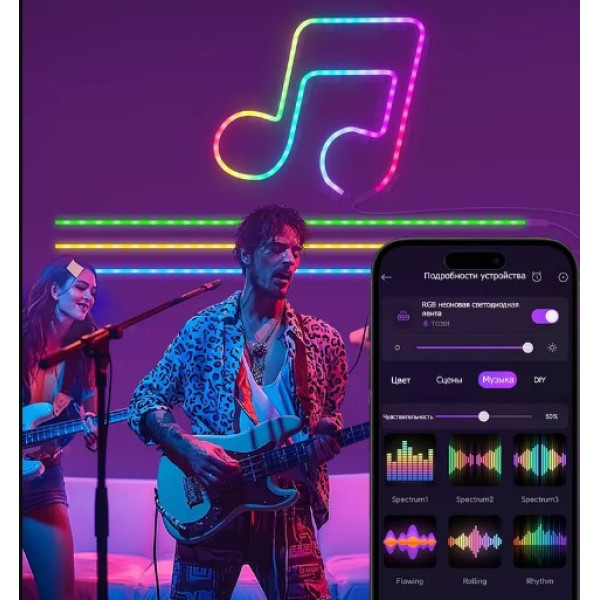 Гнучкий неон 5 метрів usb, bluetooth Неонова світлодіодна LED стрічка з пультом і керуванням через смартфон