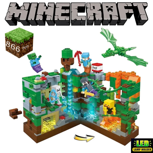 Лего, конструктор для мальчика, Майнкрафт, Minecraft Зеленая крепость с LED подсветкой 866 деталей