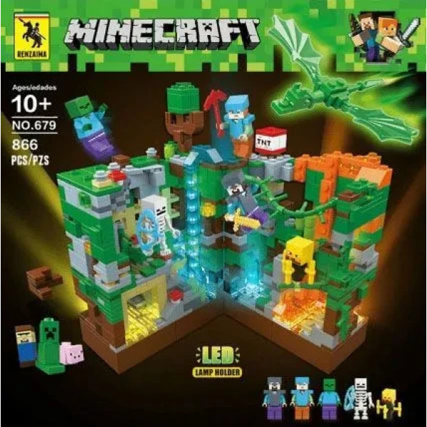 Лего, конструктор для мальчика, Майнкрафт, Minecraft Зеленая крепость с LED подсветкой 866 деталей