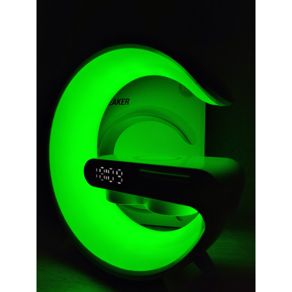 Настільна Bluetooth-колонка, лампа нічник G11 LED велика, з бездротовою зарядкою 15W і будильником.  Біла