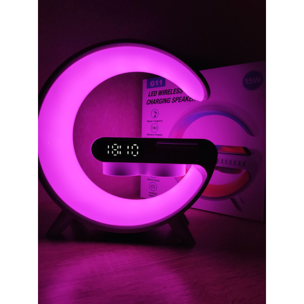 Настільна Bluetooth-колонка, лампа нічник G11 LED велика, з бездротовою зарядкою 15W і будильником.  Біла