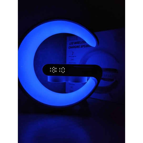 Настільна Bluetooth-колонка, лампа нічник G11 LED велика, з бездротовою зарядкою 15W і будильником.  Біла