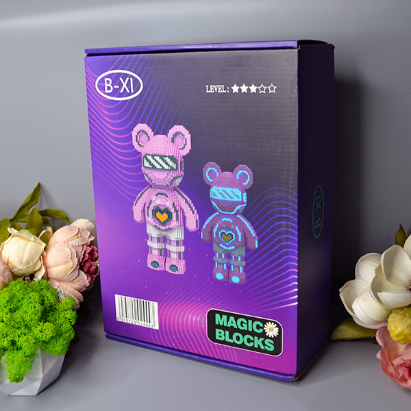 Конструктор світний 3D Magic Blocks у вигляді ведмедика Bearbrick серце «Kisses» Рожевий 4031 деталь
