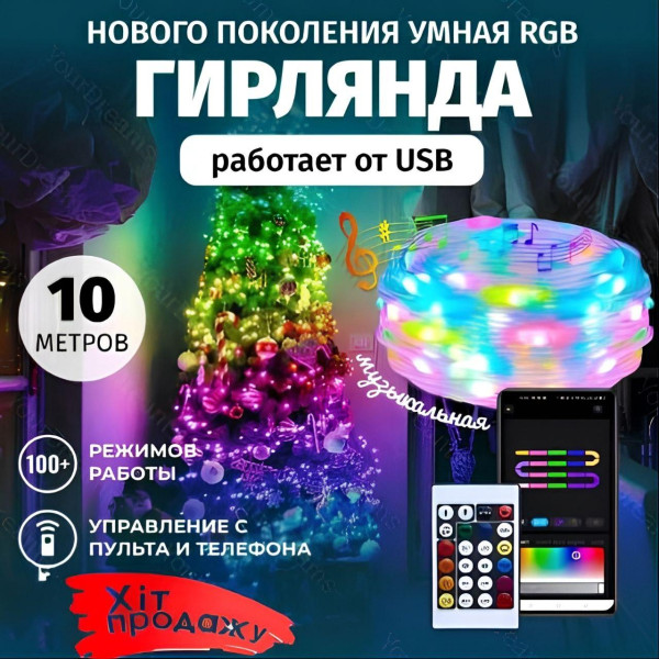 Світлодіодна Led гірлянда bluetooth 10 м із застосунком керування через телефон гірлянда на блютузі з пультом