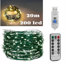 Гірлянда Роса USB, 20 метрів, 200 LED на зеленому дроті з пультом, світлодіодна гірлянда для ялинки