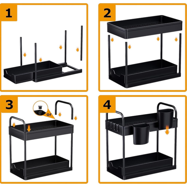 Этажерка на кухню и ванной 2 яруса с крючками Kitchen Storage Rack 34см Стеллаж в ванную чёрного цвета