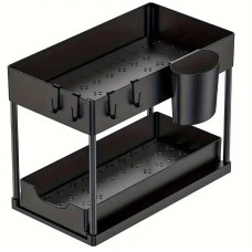 Этажерка на кухню и ванной 2 яруса с крючками Kitchen Storage Rack 34см Стеллаж в ванную чёрного цвета