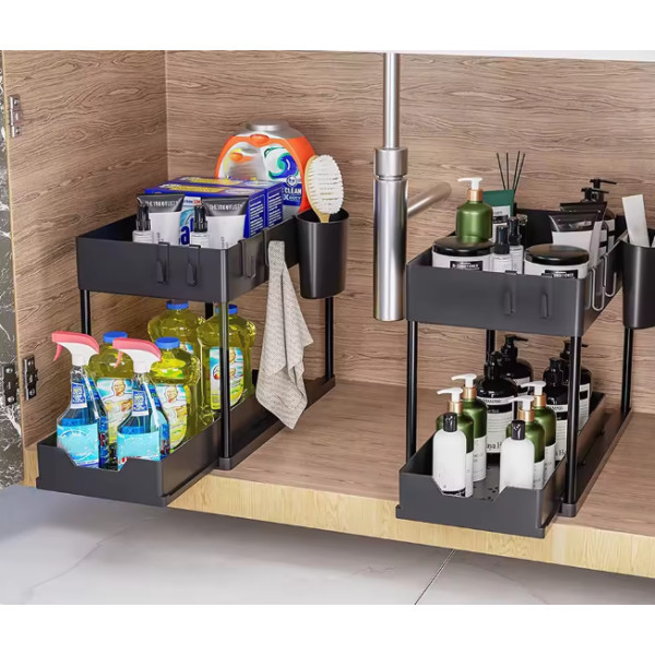 Этажерка на кухню и ванной 2 яруса с крючками Kitchen Storage Rack 34см Стеллаж в ванную чёрного цвета