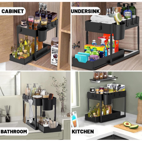 Этажерка на кухню и ванной 2 яруса с крючками Kitchen Storage Rack 34см Стеллаж в ванную чёрного цвета
