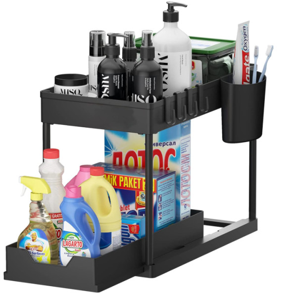 Этажерка на кухню и ванной 2 яруса с крючками Kitchen Storage Rack 34см Стеллаж в ванную чёрного цвета