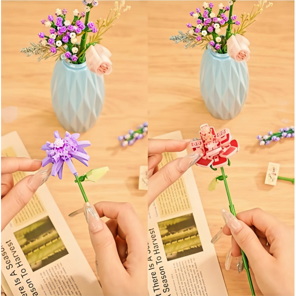 3D Конструктор Квітковий букет у рожевій вазі 303 дет, конструктор букет у вазі 32 см