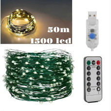 Гірлянда Роса USB, 50 метрів, 1500 LED на зеленому дроті з пультом, світлодіодна гірлянда для ялинки