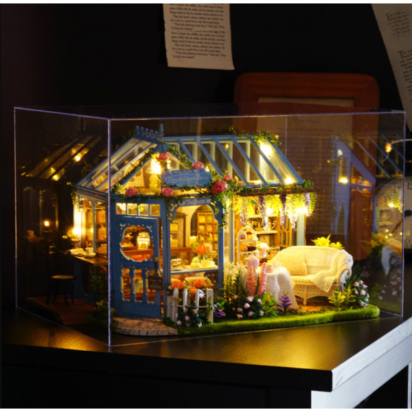 Румбокс Чайний будиночок «Рожевий сад» DIY DollHouse і пилозахисний купол з підсвічуванням 29 x 20 x 18 см