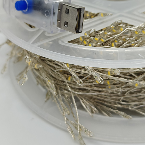 Гірлянда Роса USB 50 метрів 1500 LED з пультом срібний провід, тепле світло, пульт, 8 режимів