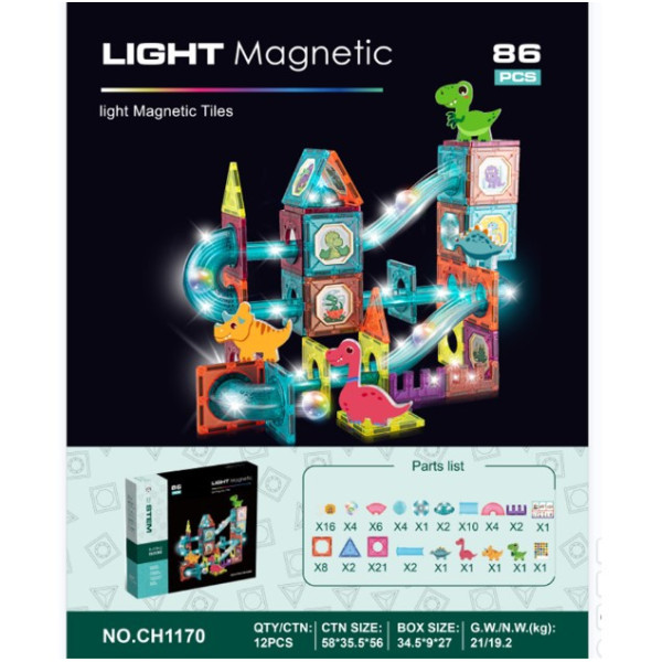 Магнітний конструктор DIY 86 деталей Magnetic Blocks світний "Динозаври" динамічний конструктор гірки