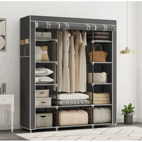 Складана тканинна шафа Storage Wardrobe сіра — 3 секції, 12 полиць і штанга, мобільний органайзер для одягу