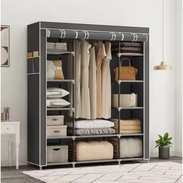 Складана тканинна шафа Storage Wardrobe сіра — 3 секції, 12 полиць і штанга, мобільний органайзер для одягу