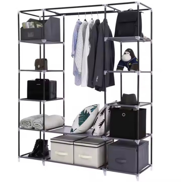 Складана тканинна шафа Storage Wardrobe сіра — 3 секції, 12 полиць і штанга, мобільний органайзер для одягу
