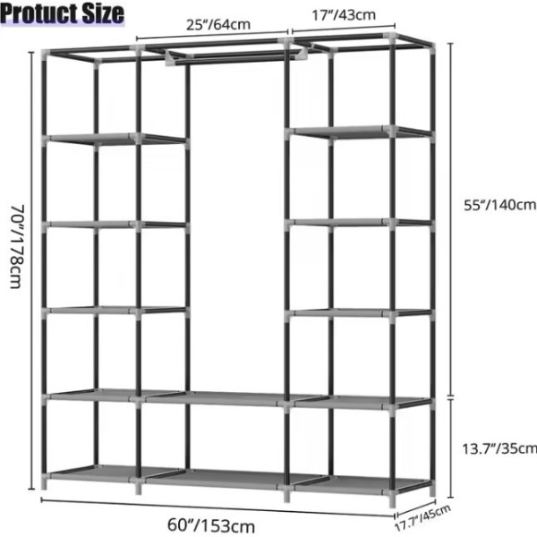 Складана тканинна шафа Storage Wardrobe сіра — 3 секції, 12 полиць і штанга, мобільний органайзер для одягу