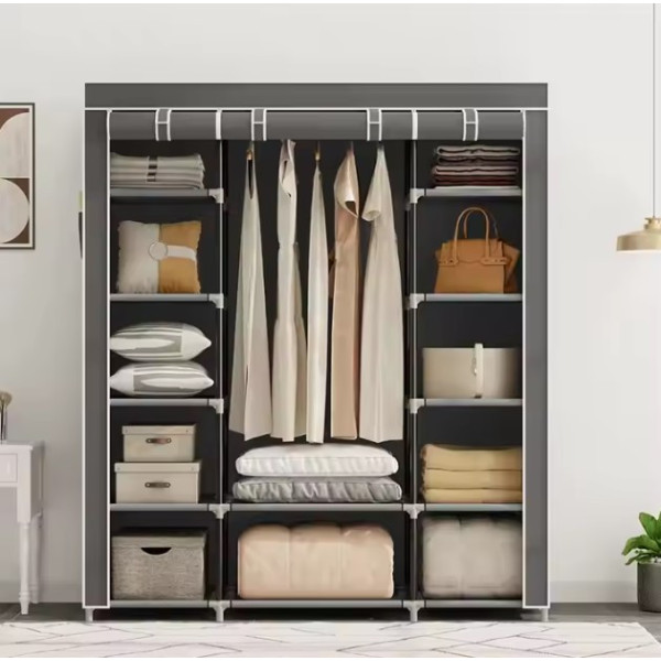 Складана тканинна шафа Storage Wardrobe сіра — 3 секції, 12 полиць і штанга, мобільний органайзер для одягу