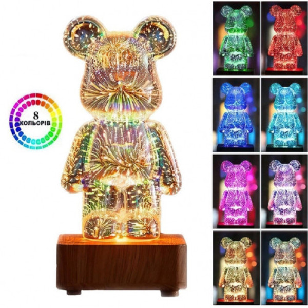 Нічник 3D Ведмедик феєрверк Bearbrick LED RGB 8 кольорів