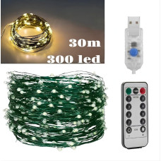 Гірлянда Роса USB, 30 метрів, 300 LED на зеленому дроті з пультом, світлодіодна гірлянда для ялинки