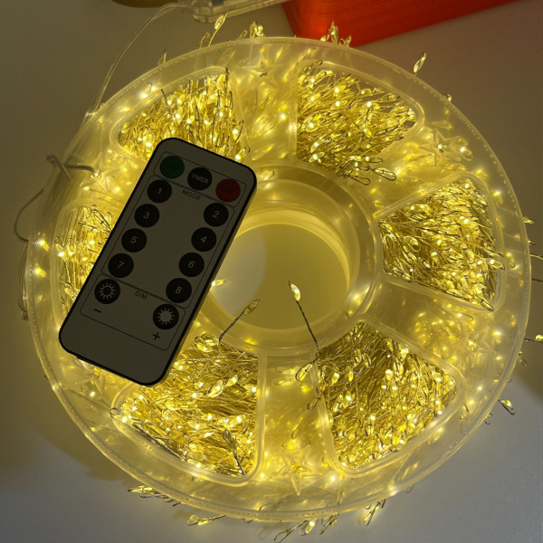 Гірлянда Мішура роса 60 метрів 1800 LED на ялинку USB, з пультом, срібний провід, тепле світло, пульт, 8 режимів